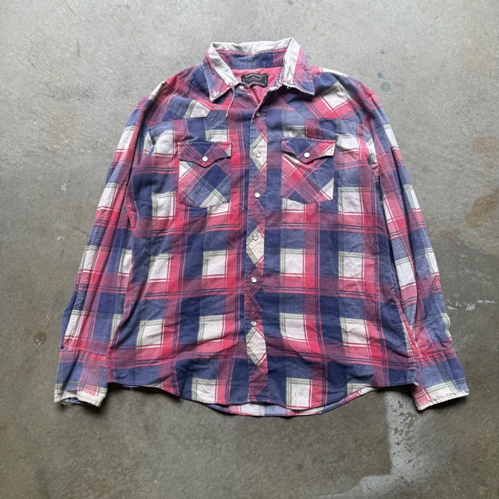 Vintage Border Town Western Pearl Snap Shirt Mens Large Distressed Plaid Flannel